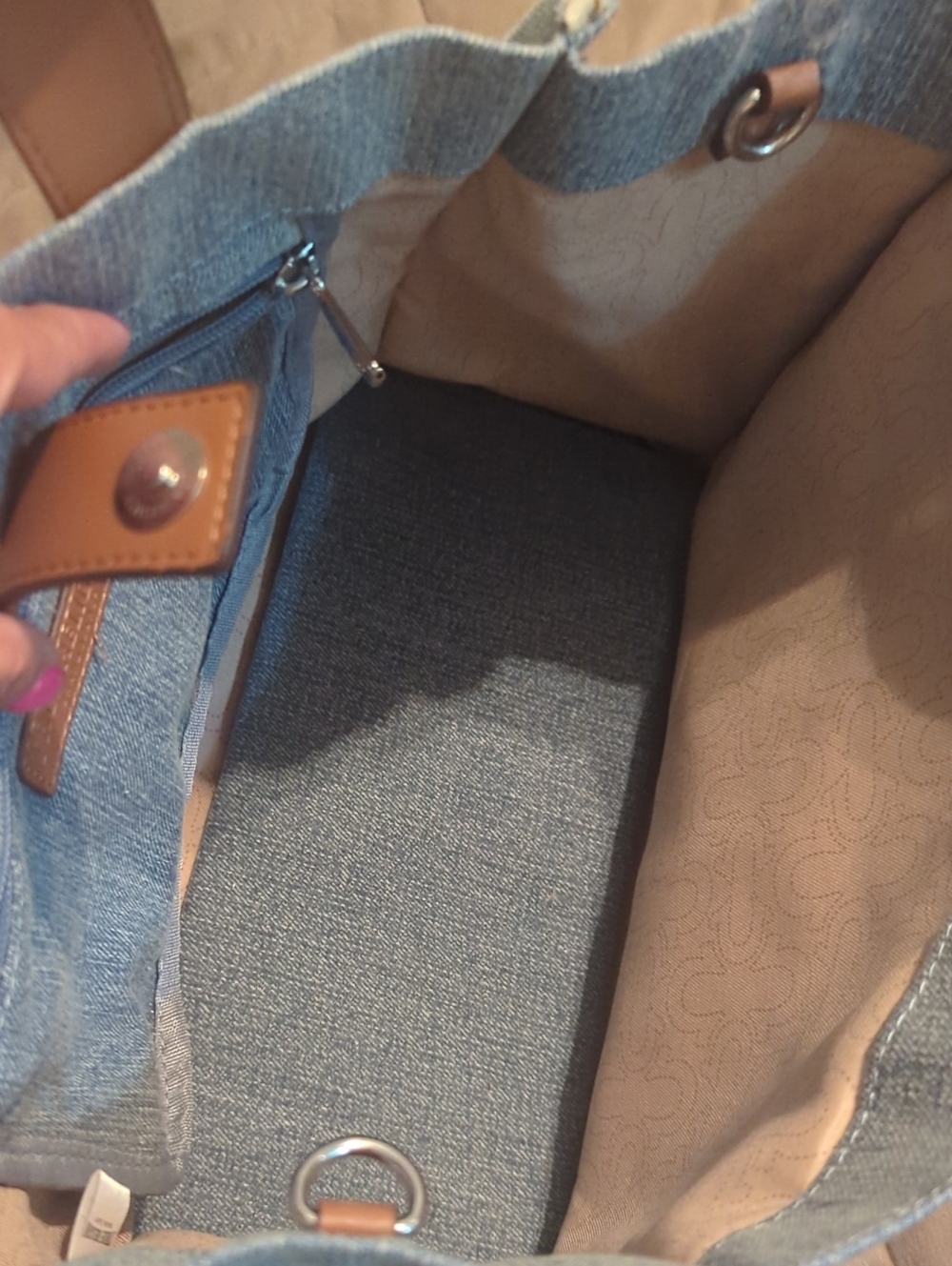True Religion Denim Tote Bag with Brown Leather Handles. used Once No Wear - Picture 5 of 8